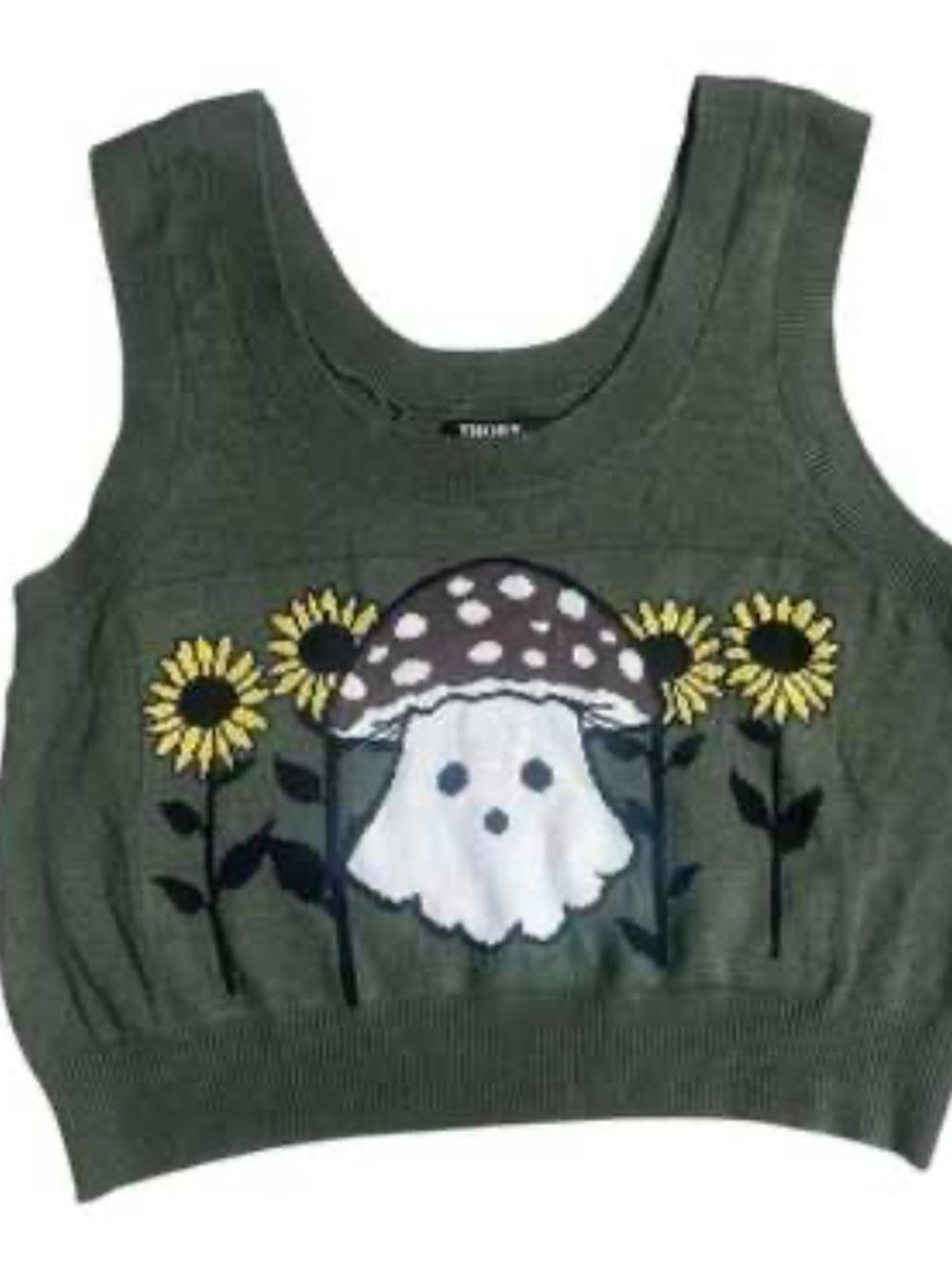 🎉 3 for $15Green Knit Crop Tank with Mushroom & Sunflower size Xl PRICE FIrm